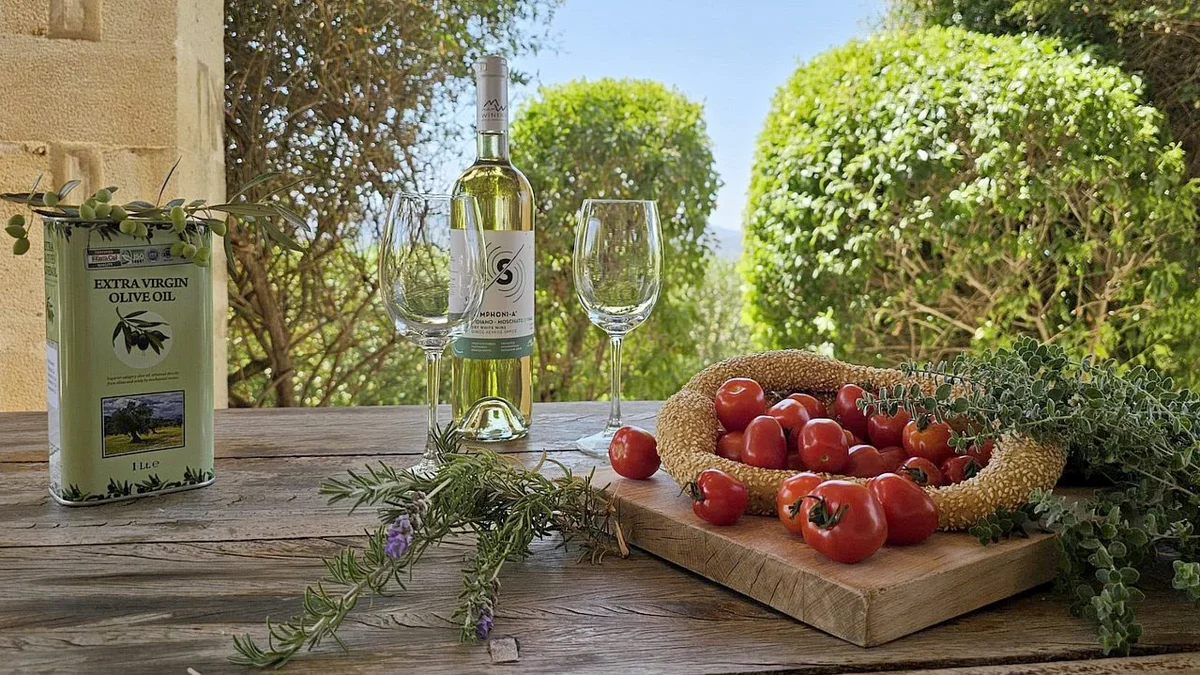 Beautifully arranged food on a wooden table outdoors